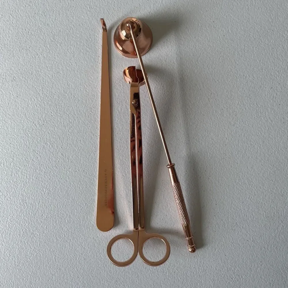 Anthropologie Home Candle Care Kit Rose Gold Snuffer, Wick Trimmer, Set of 3